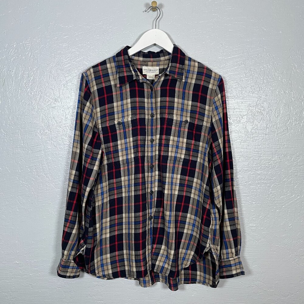 Denim & Supply Ralph Lauren Women L Tan Black Red Blue Plaid Flannel Shirt Boho